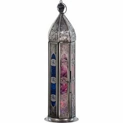 Kheops International Candles & Accessories 7 Chakras Glass & Metal Lantern ~ Silver ~ Candle Holder