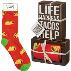 Primitives By Kathy Life Happens Tacos Help Socks & Box Sign Gift Set Socks! Socks! Socks!