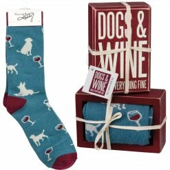 Primitives By Kathy Dogs & Wine Make Everything Fine Socks & Box Sign Gift Set