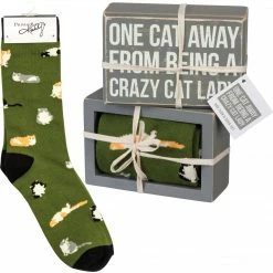 Primitives By Kathy Sale! One Cat Away From Being A Crazy Cat Lady Socks & Box Sign Gift Set