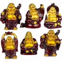 Kheops International 2" Gold & Red Buddha Figurines (Safe Travels, Prosperity, Love, Spiritual Journey, Happy Home, And Long Life)