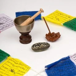Ten Thousand Villages Complete Meditation & Relaxation Gift Set With Singing Bowl, Flags, Incense, Mantra Rock Handcrafted In Nepal Gift Sets