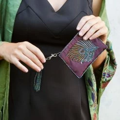Ten Thousand Villages Purple Bead Embellished Peacock Coin Purse Handcrafted In India