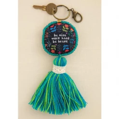 Natural Life Be Nice Work Hard Be Brave Mantra Beaded Tassel Keychain