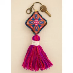 Natural Life Good Vibes Only Mantra Beaded Tassel Keychain