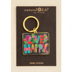 Natural Life Live Happy Floral Design Enamel Keychain