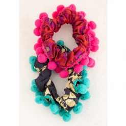 Natural Life Navy Red Pom Poms Hair Scrunchie Set