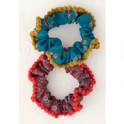 Natural Life Pom Pom Hair Scrunchie Pink Ditsy/Blue Set