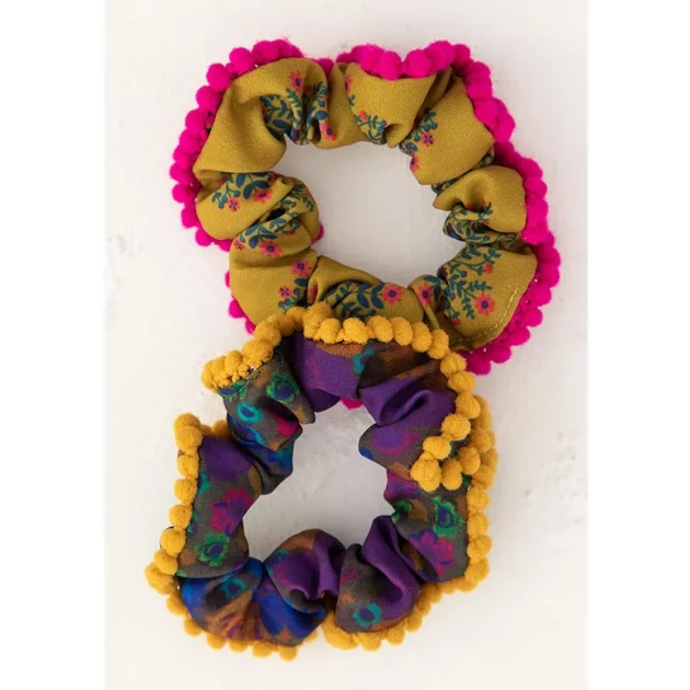 Top 10 😉 Natural Life Pom Pom Hair Scrunchie Purple Floral/Gold Set ✨ 4 Natural Life Pom Pom Hair Scrunchie Purple Floral/Gold Set