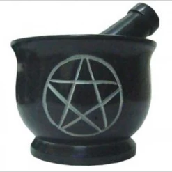 New Age Imports Pentacle Carved Mortar & Pestle Black Stone 4"W 3"H