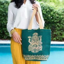 Matr Boomie Global Fair Trade Gifts Metallic Ganesha Jute Tote Handcrafted In India