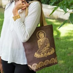 Matr Boomie Global Fair Trade Gifts Metallic Buddha Jute Tote Handcrafted In India