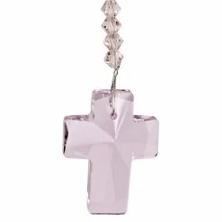 Woodstock Chimes Pink Rose Crystal Cross Suncatcher